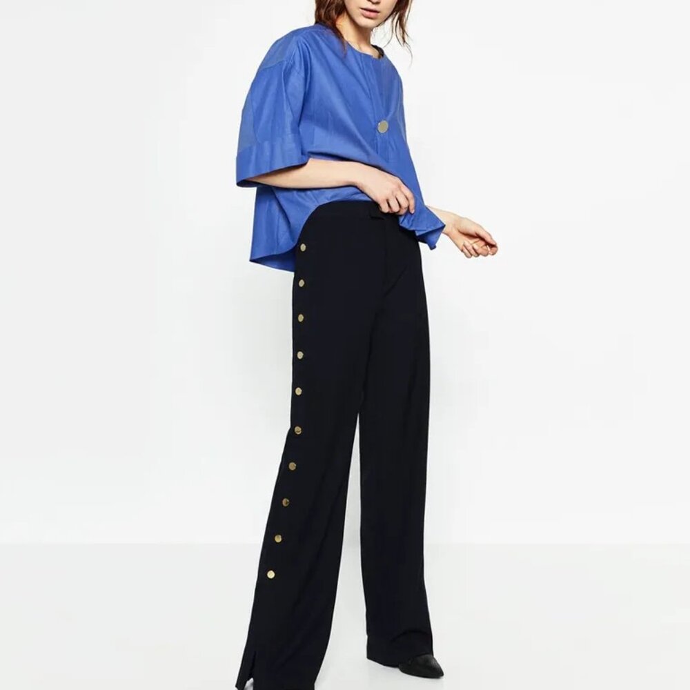 Zara Wide Leg Pants with Gold Snap Buttons Down Side in Navy